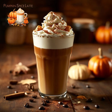 A tall glass of Pumpkin Spice Latte Coffee 🎃 – Cozy Fall in Every Sip sits on a rustic table with whipped cream, cinnamon, coffee beans, sticks, and pumpkins. Pumpkin Spice Latte and a latte illustration appear in the corner.